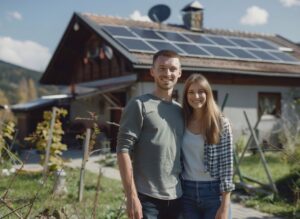 Fiatal pár a napelemes házuk előtt áll.